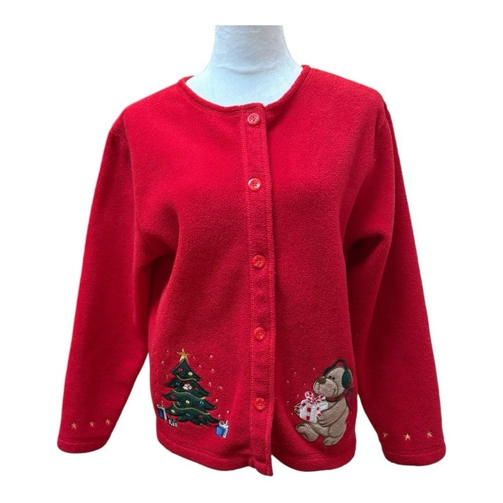 CB Casual Red Fleece Christmas Cardigan Embroidered Teddy Bear Tree Petite